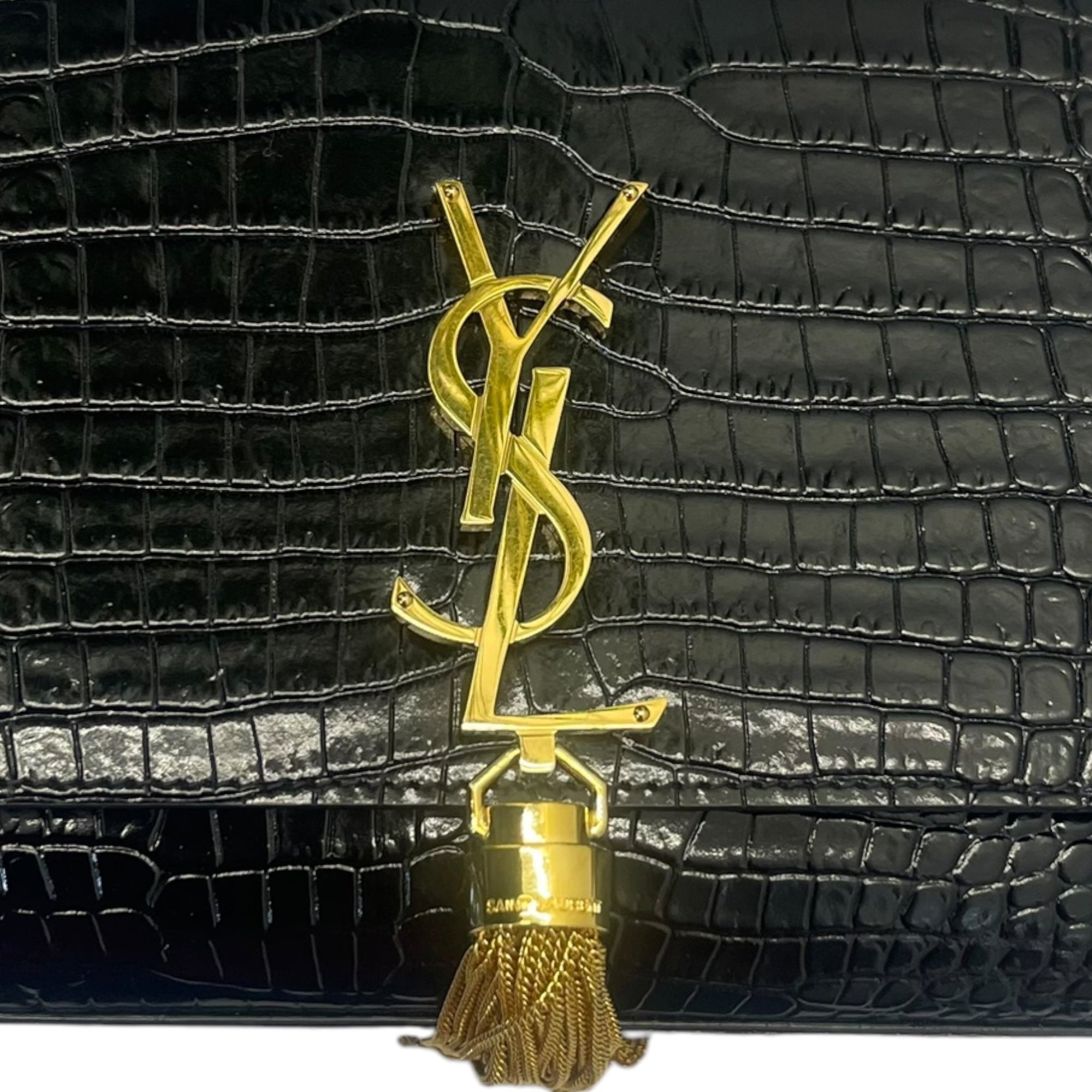 YSL Kate Medium in Black Croc Embossed Leather