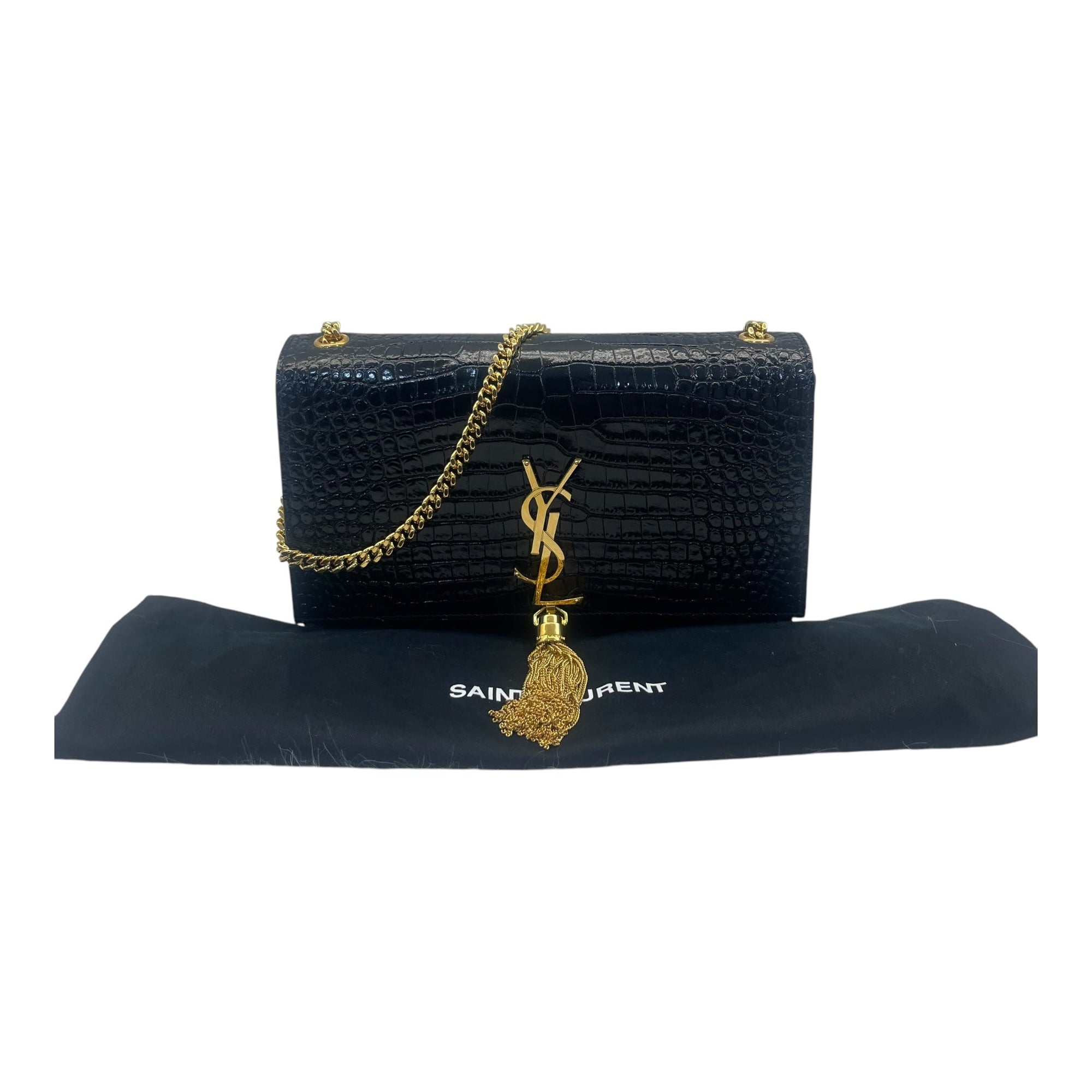 YSL Kate Medium in Black Croc Embossed Leather