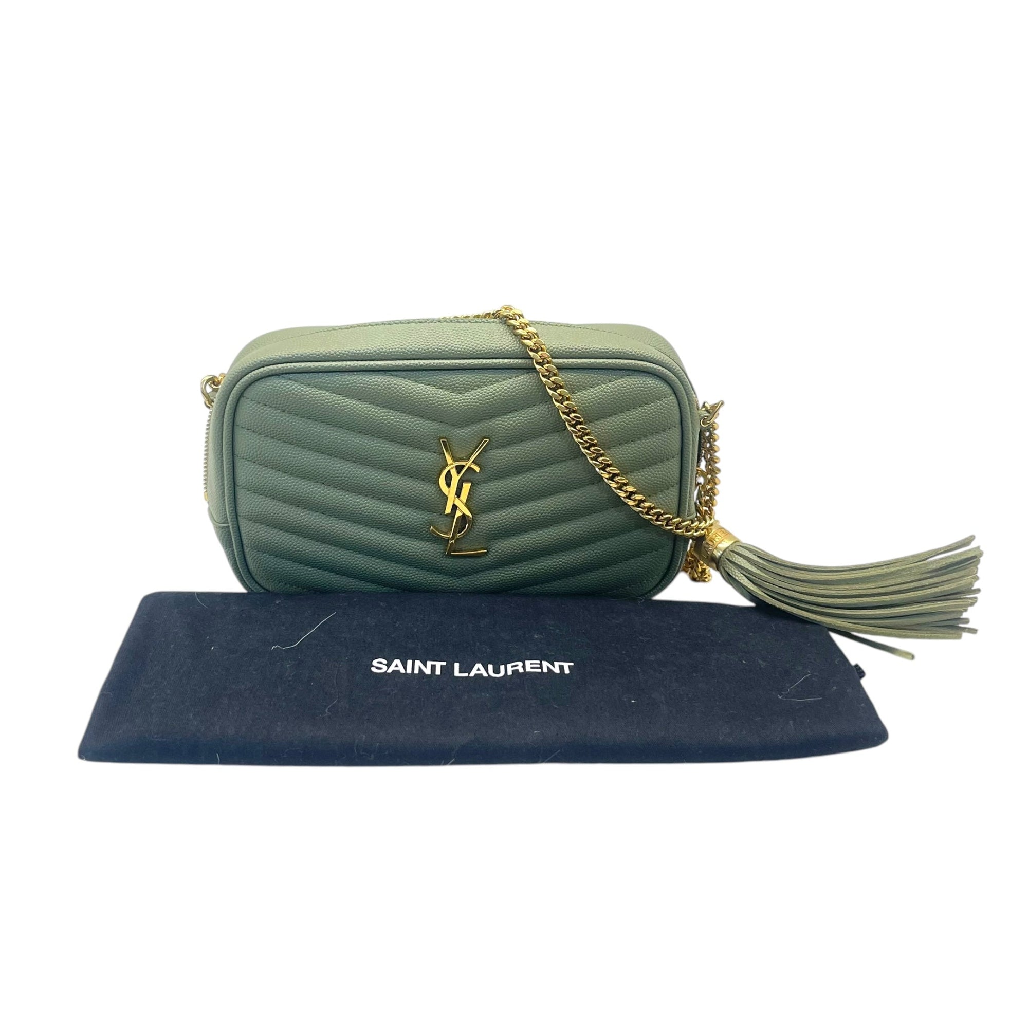YSL Light Sage Chevron Black Leather Monogram Chain Shoulder Bag