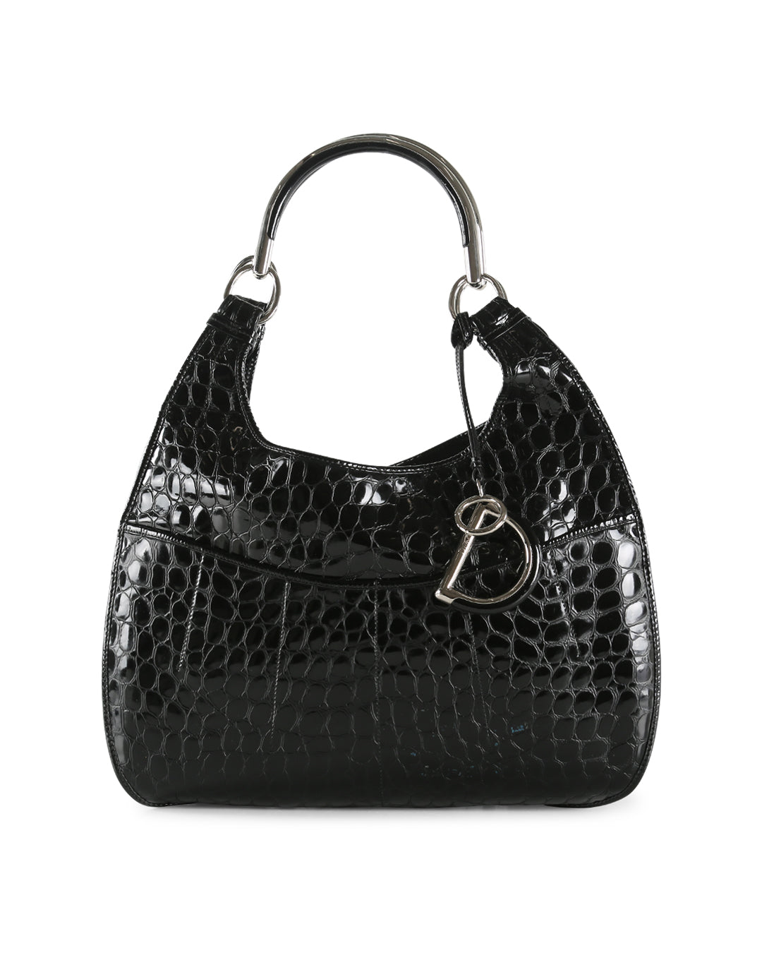 CHRISTIAN D1OR Black Crocodile Embossed Patent Leather 61 Large Shoulder Bag