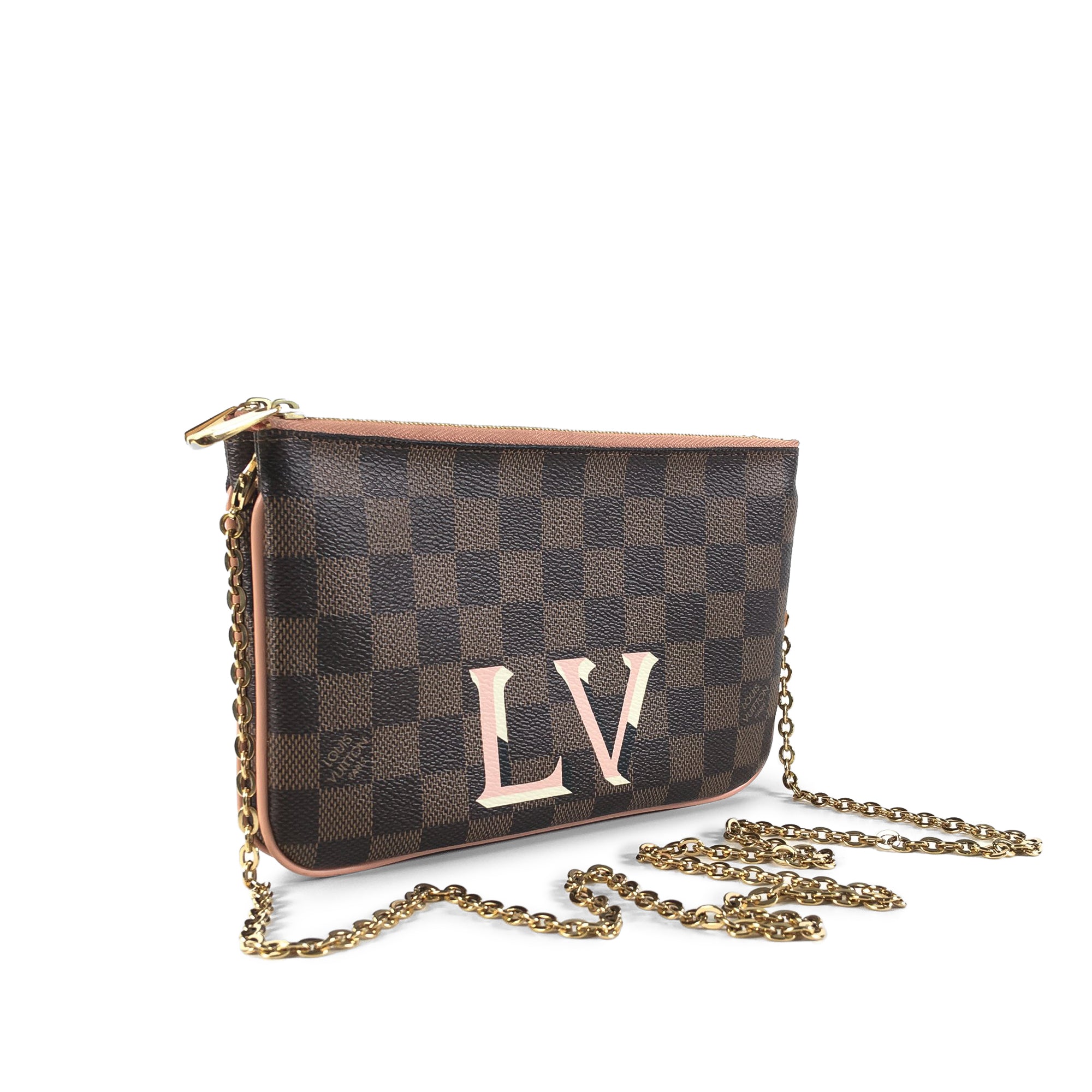 Brown LV Damier Ebene Pochette Double Zip Crossbody Bag
