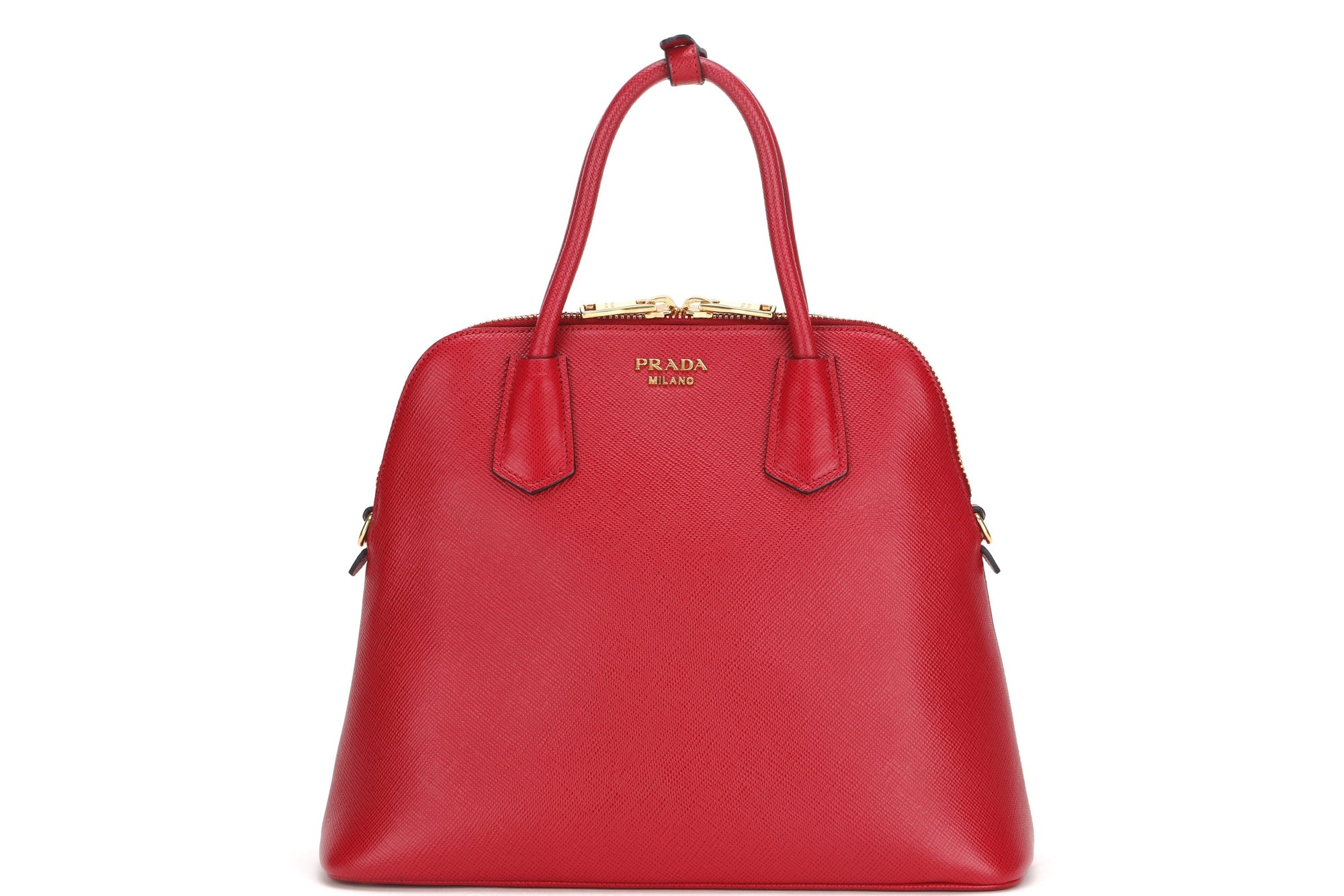 PRD CONVERTIBLE DOME SATCHEL LARGE RED SAFFIANO LEATHER GOLD HARDWARE, WITH CARD, STRAP &amp; DUST COVER