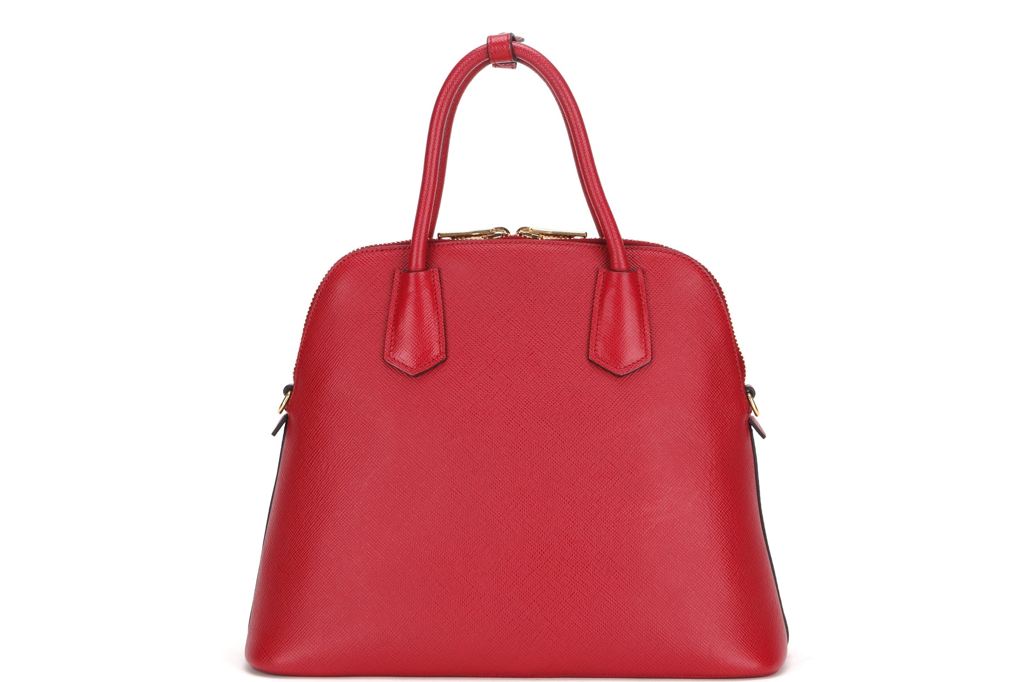 PRD CONVERTIBLE DOME SATCHEL LARGE RED SAFFIANO LEATHER GOLD HARDWARE, WITH CARD, STRAP &amp; DUST COVER