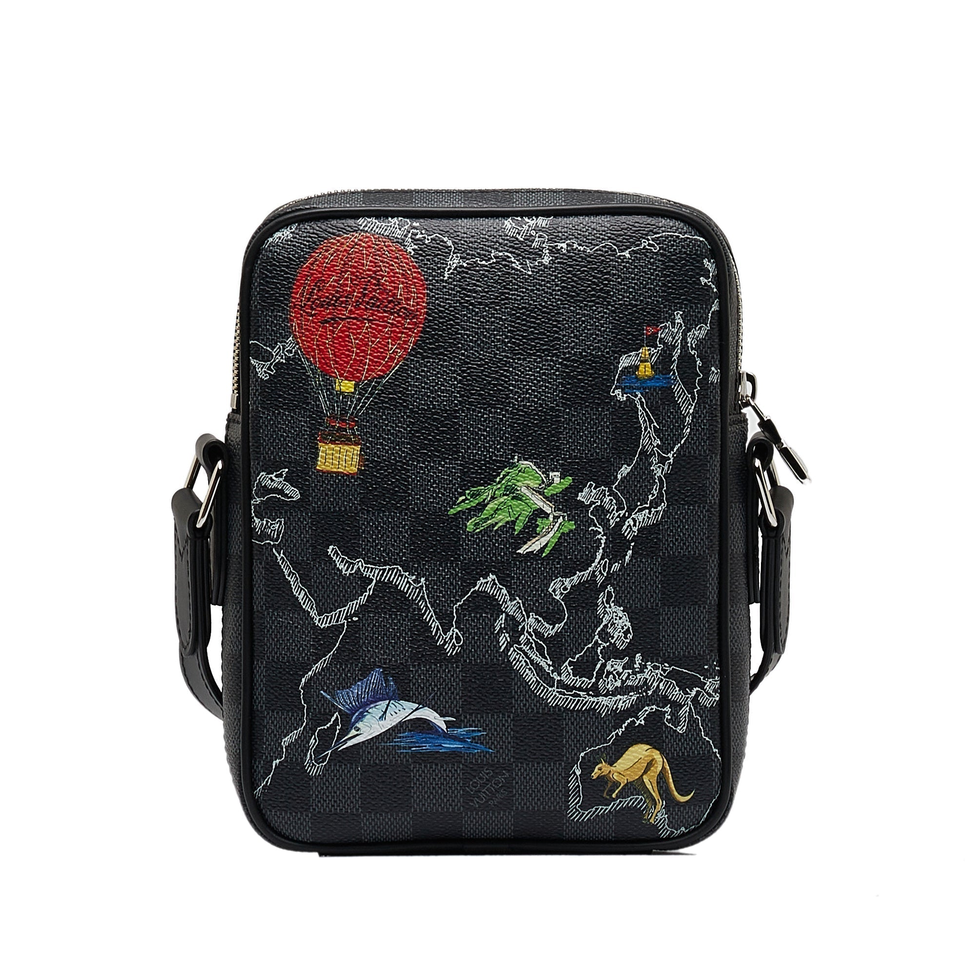 Black LV Damier Graphite Renaissance Map Danube Slim PM Crossbody Bag