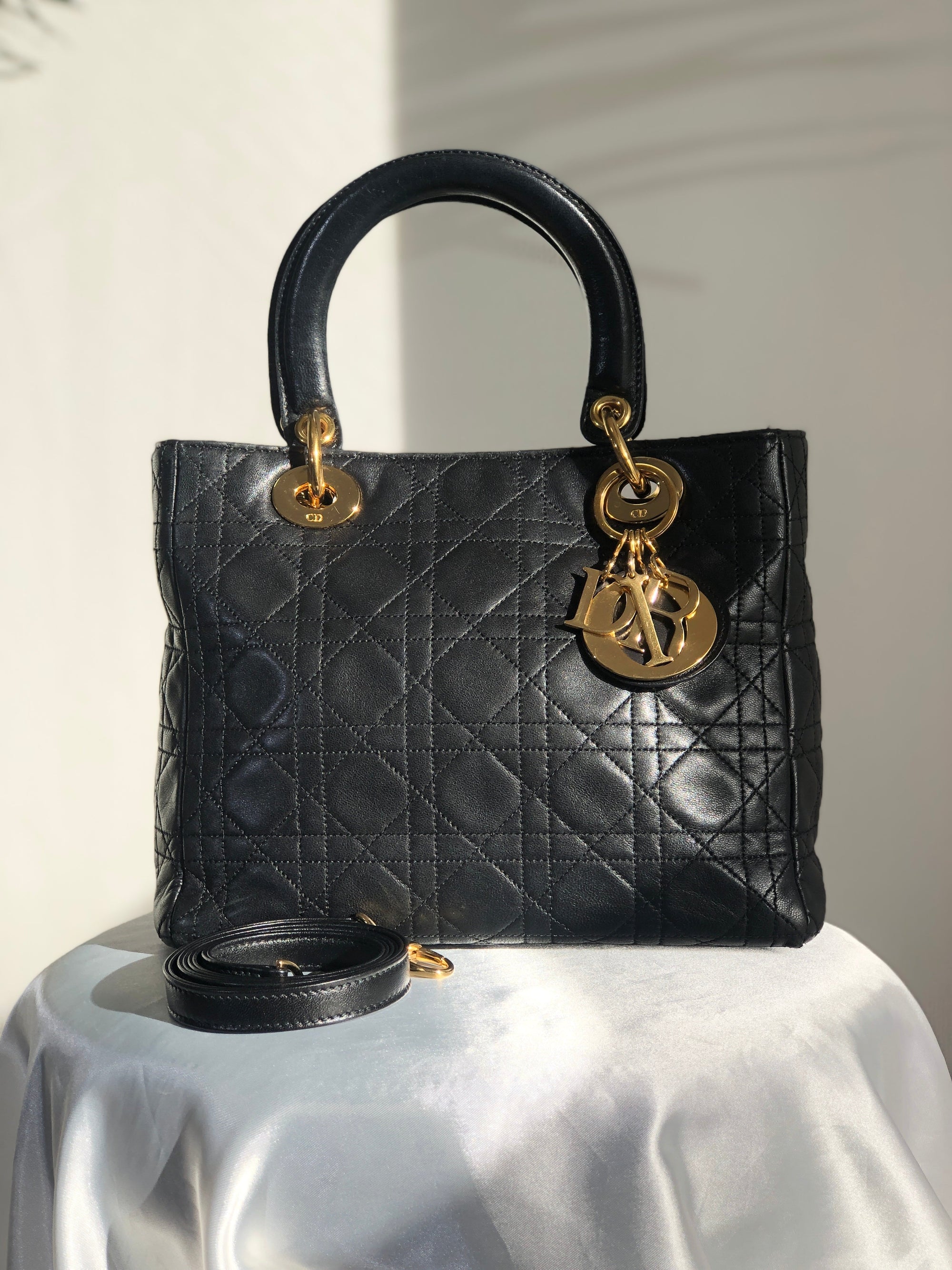 Christian D1OR Cannage LadyD1OR Leather Two-way Handbag Shoulder bag Black Vintage khzzs3