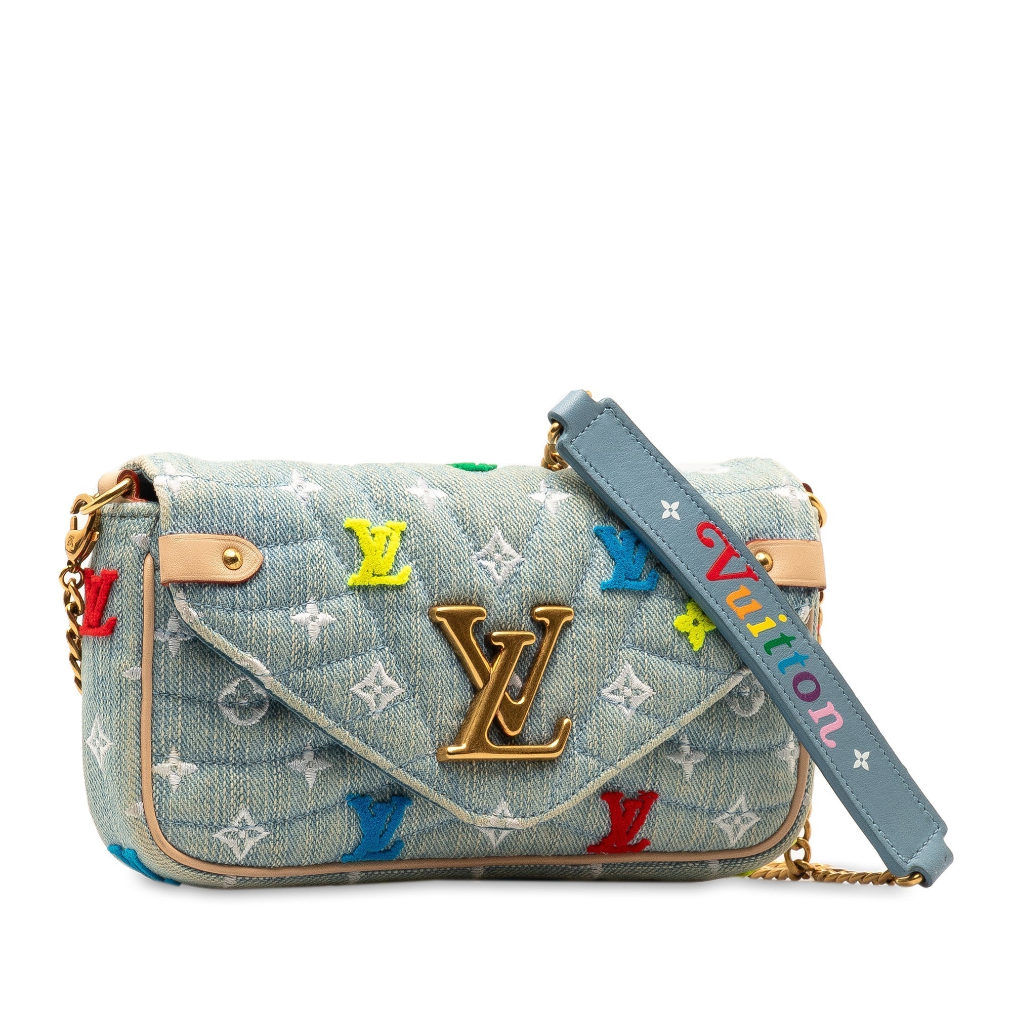 Blue LV Embroidered Monogram Denim New Wave Chain Pochette Crossbody Bag