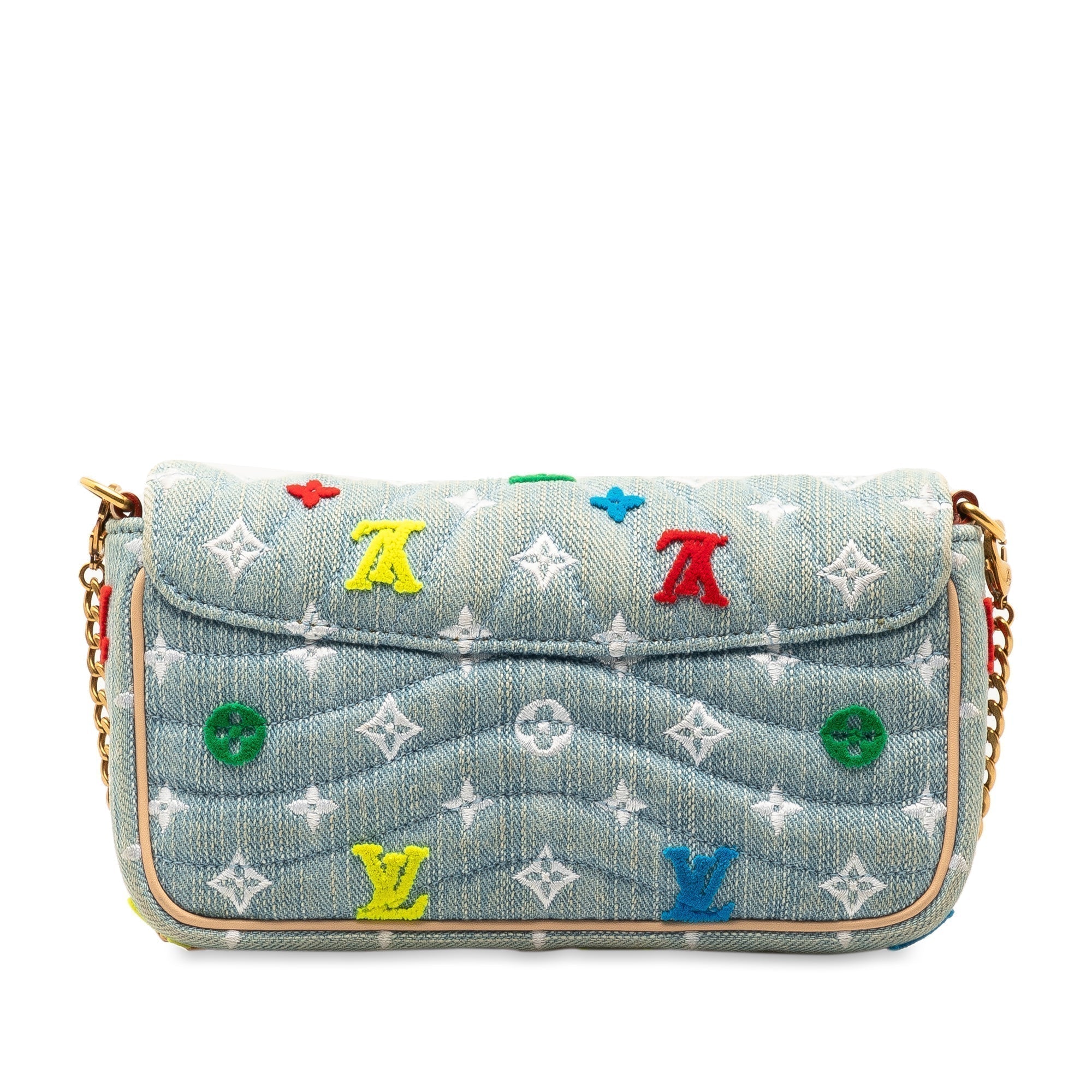 Blue LV Embroidered Monogram Denim New Wave Chain Pochette Crossbody Bag