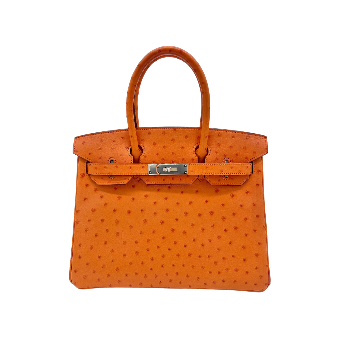 HMS Birkin 30 Ostrich 5K Tangerine Palladium Hardware