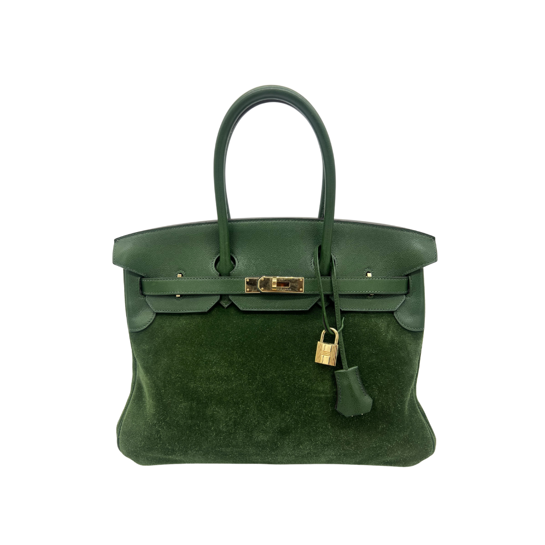 HMS Birkin 35 Suede / Togo Green Gold Hardware