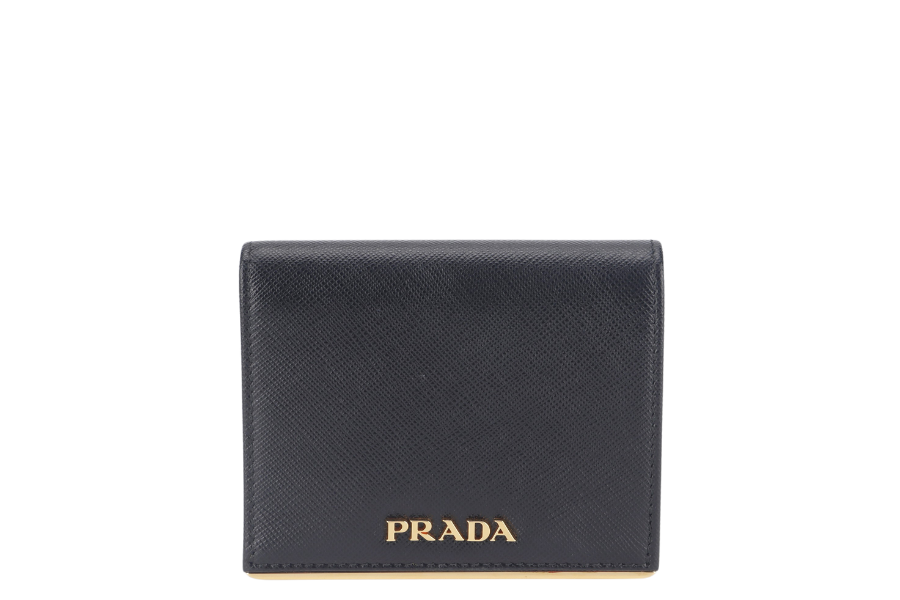 PRD BLACK SAFFIANO CARD CASE WITH COIN POUCH GOLD HARDWARE NO CARD WITH BOX