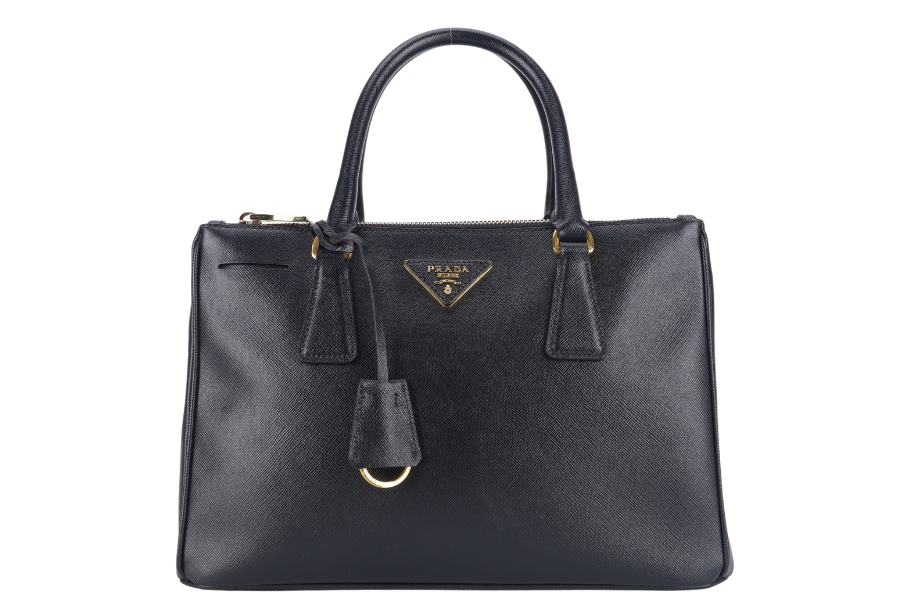 PRD BN1801 DOUBLE ZIP SATCHEL BAG BLACK SAFFIANO LEATHER GOLD HARDWARE WITH STRAPS, CARD AND DUST COVER