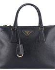 PRD BN1801 DOUBLE ZIP SATCHEL BAG BLACK SAFFIANO LEATHER GOLD HARDWARE WITH STRAPS, CARD AND DUST COVER