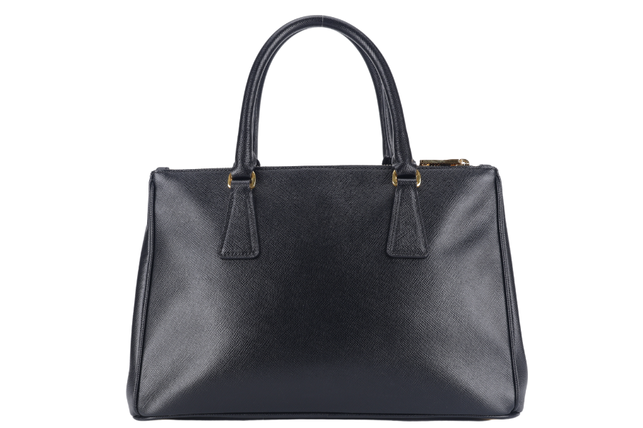 PRD BN1801 DOUBLE ZIP SATCHEL BAG BLACK SAFFIANO LEATHER GOLD HARDWARE WITH STRAPS, CARD AND DUST COVER