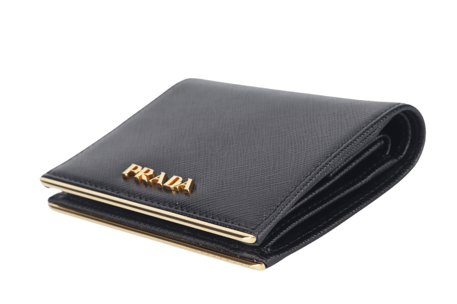 PRD BLACK SAFFIANO CARD CASE WITH COIN POUCH GOLD HARDWARE NO CARD WITH BOX