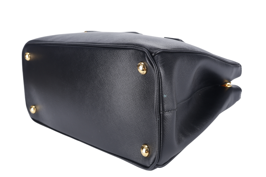 PRD BN1801 DOUBLE ZIP SATCHEL BAG BLACK SAFFIANO LEATHER GOLD HARDWARE WITH STRAPS, CARD AND DUST COVER