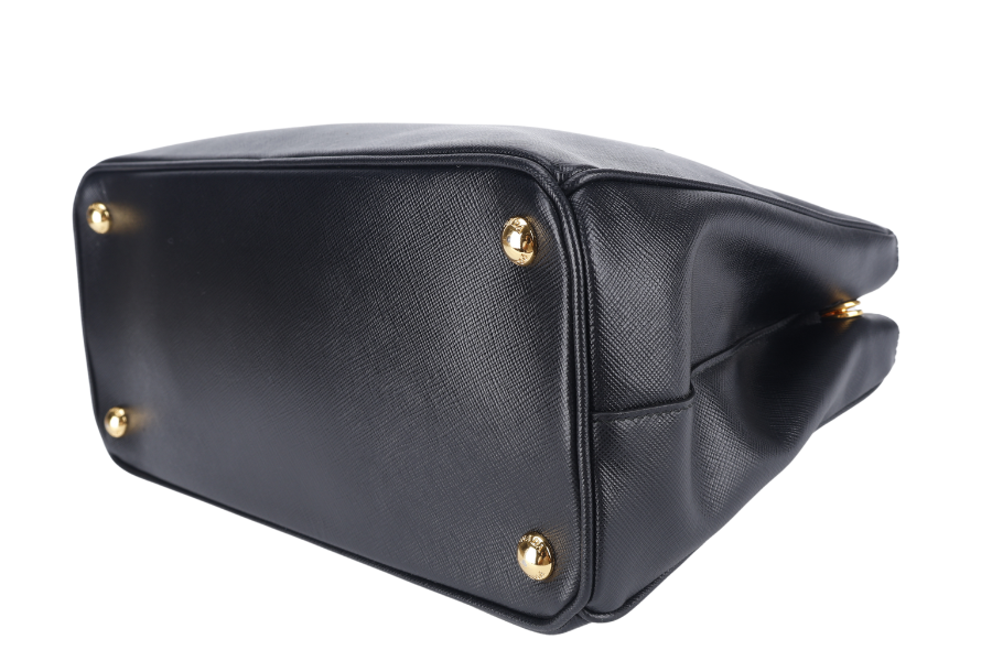 PRD BN1801 DOUBLE ZIP SATCHEL BAG BLACK SAFFIANO LEATHER GOLD HARDWARE WITH STRAPS, CARD AND DUST COVER