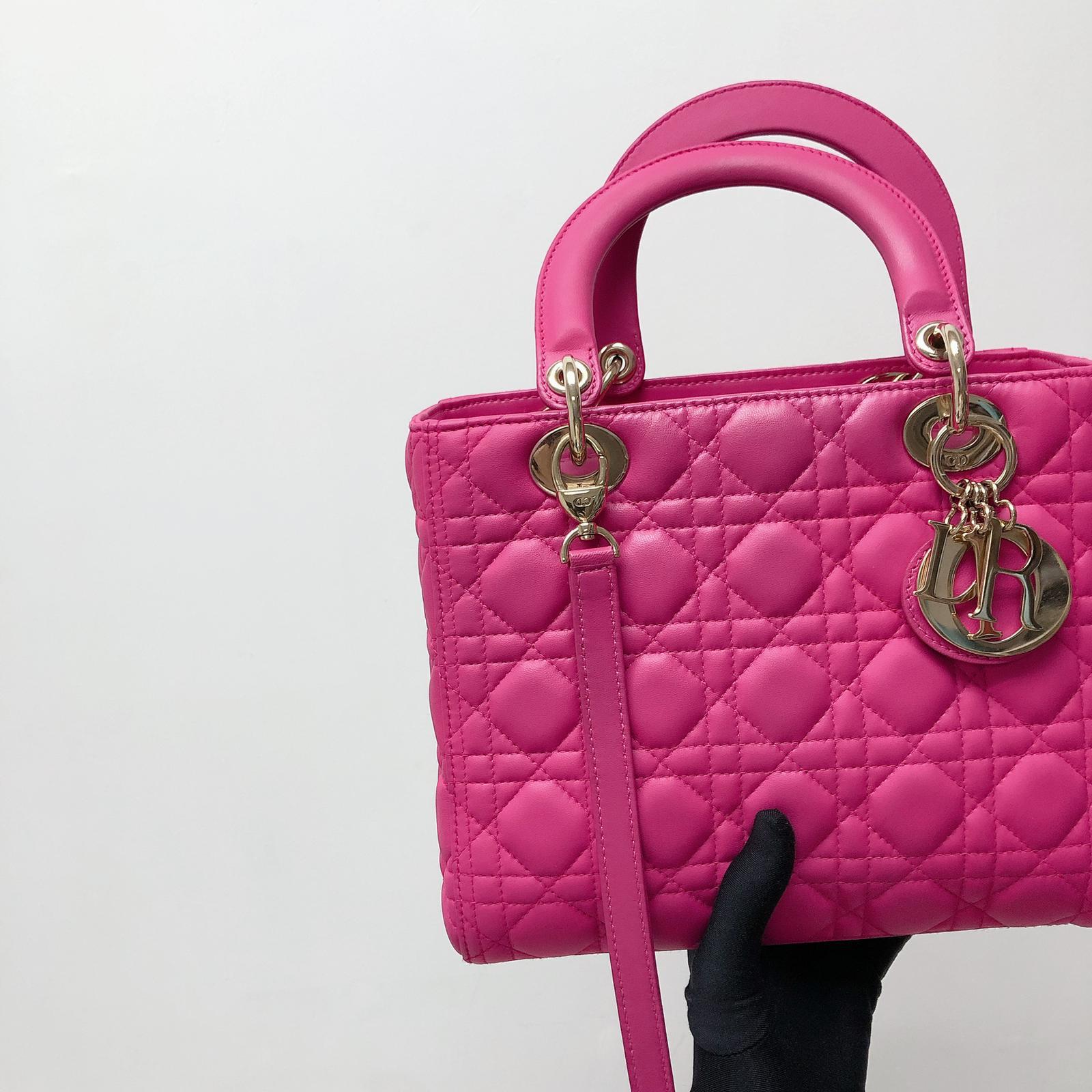 Cannage Lambskin Lady D1OR Medium Bag in Fuschia Pink with GHW