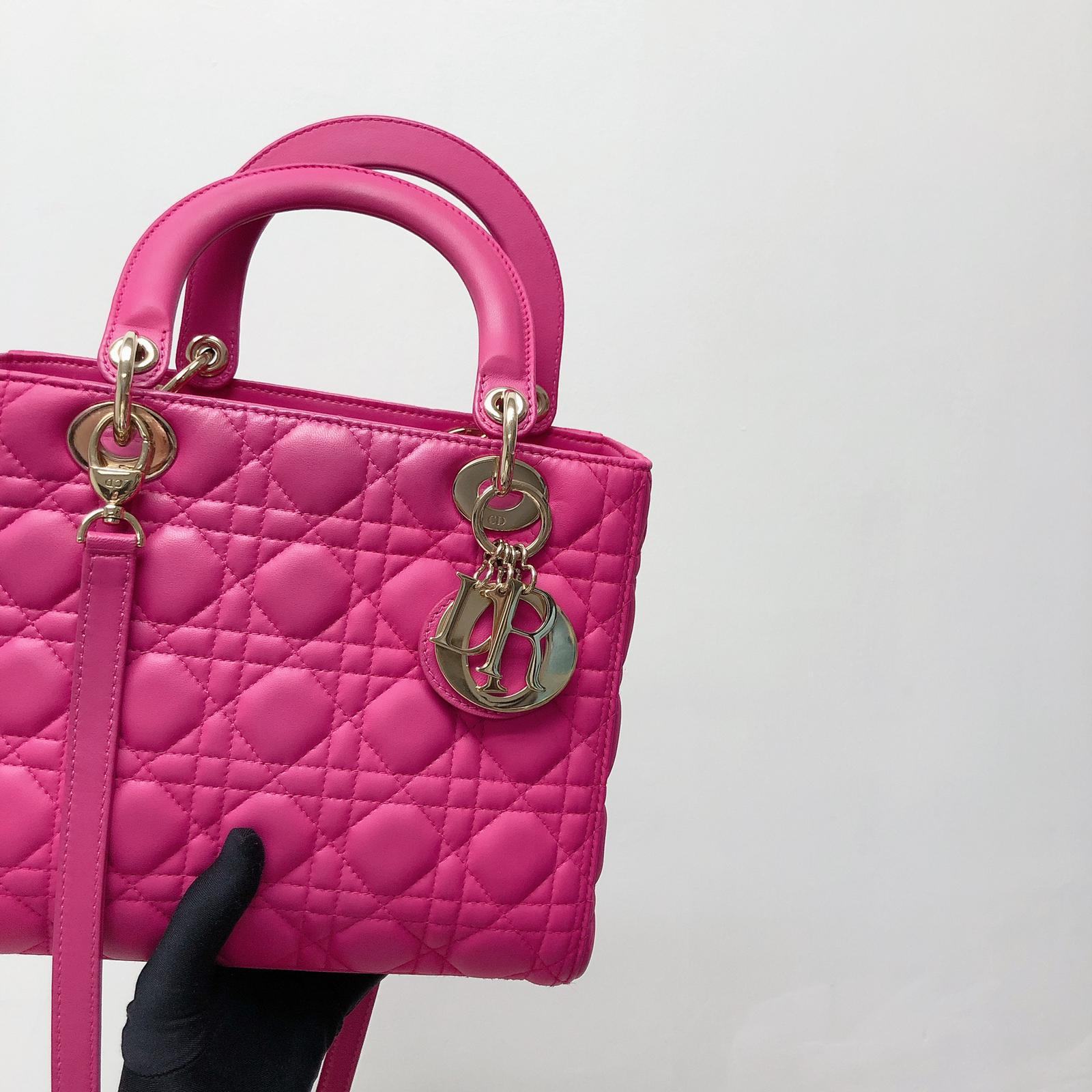 Cannage Lambskin Lady D1OR Medium Bag in Fuschia Pink with GHW