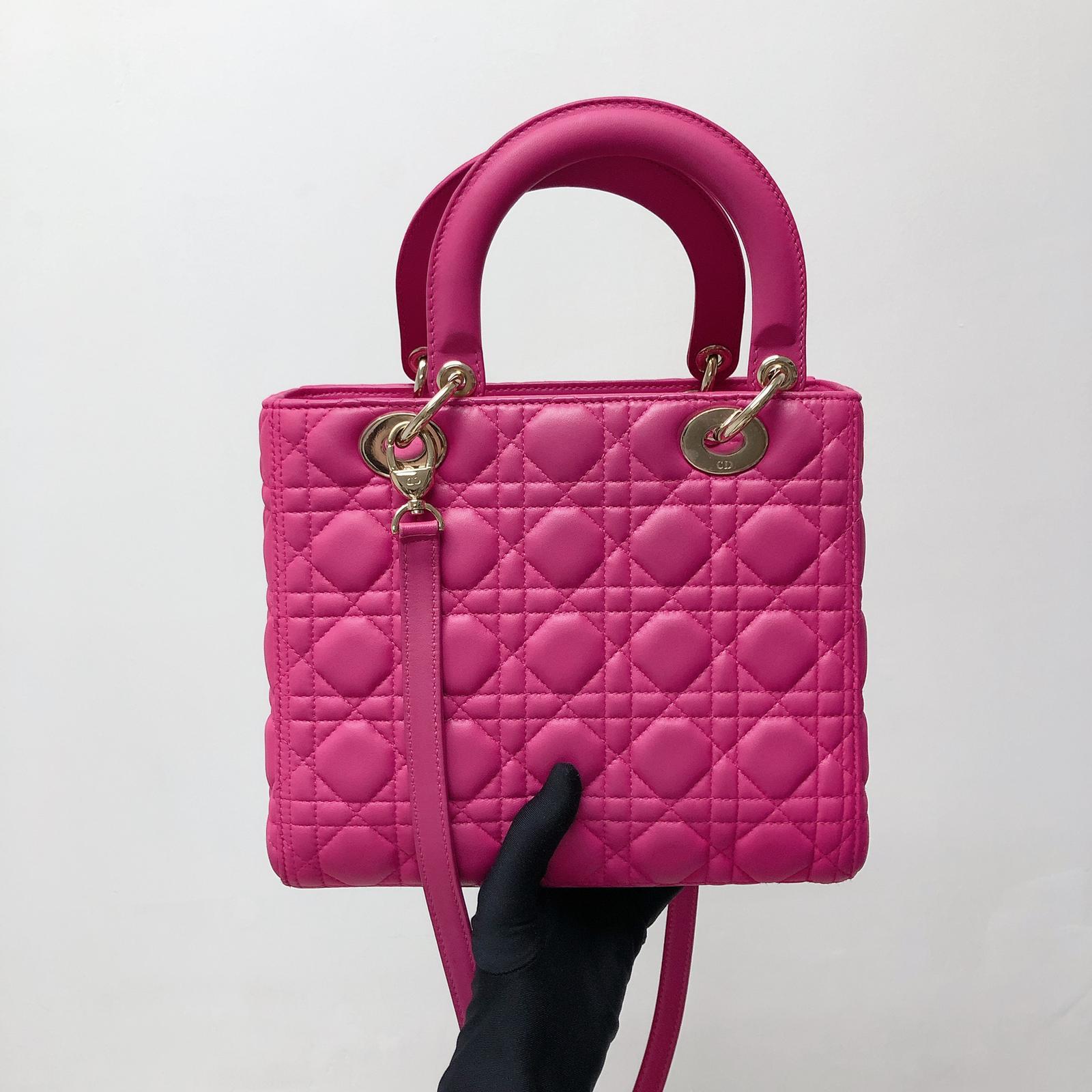 Cannage Lambskin Lady D1OR Medium Bag in Fuschia Pink with GHW