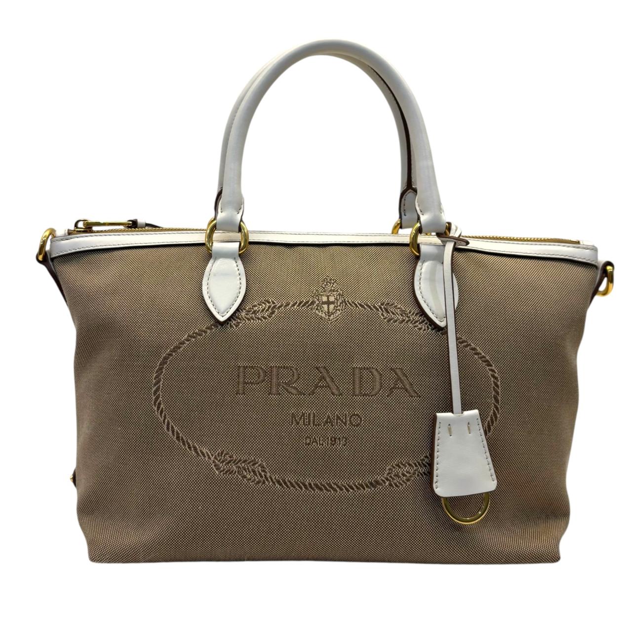 PRD Beige Leather Logo Embossed Zip Tote