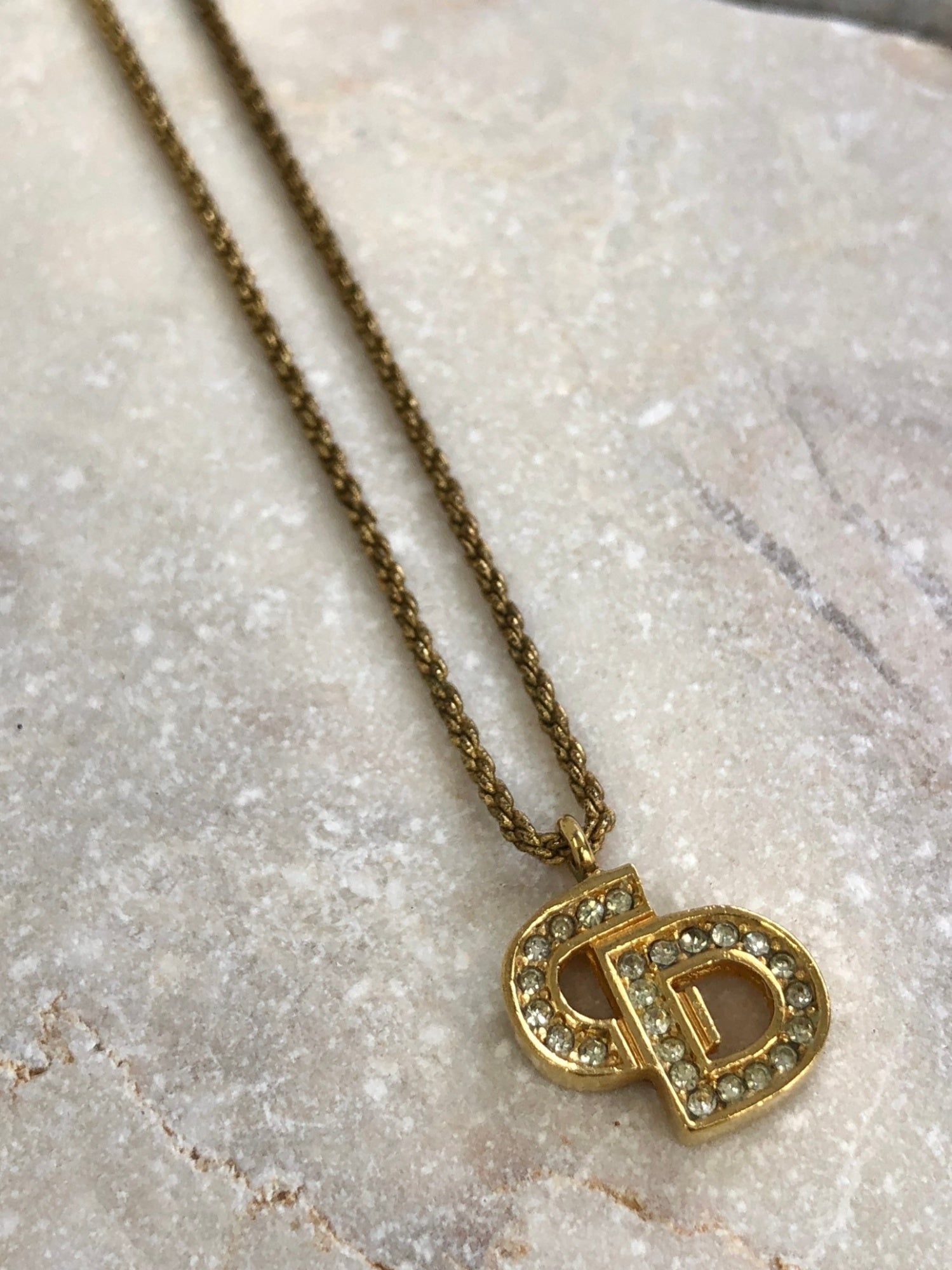 Christian D1OR CD Logo Rhinestone Necklace Gold Vintage wzptxx