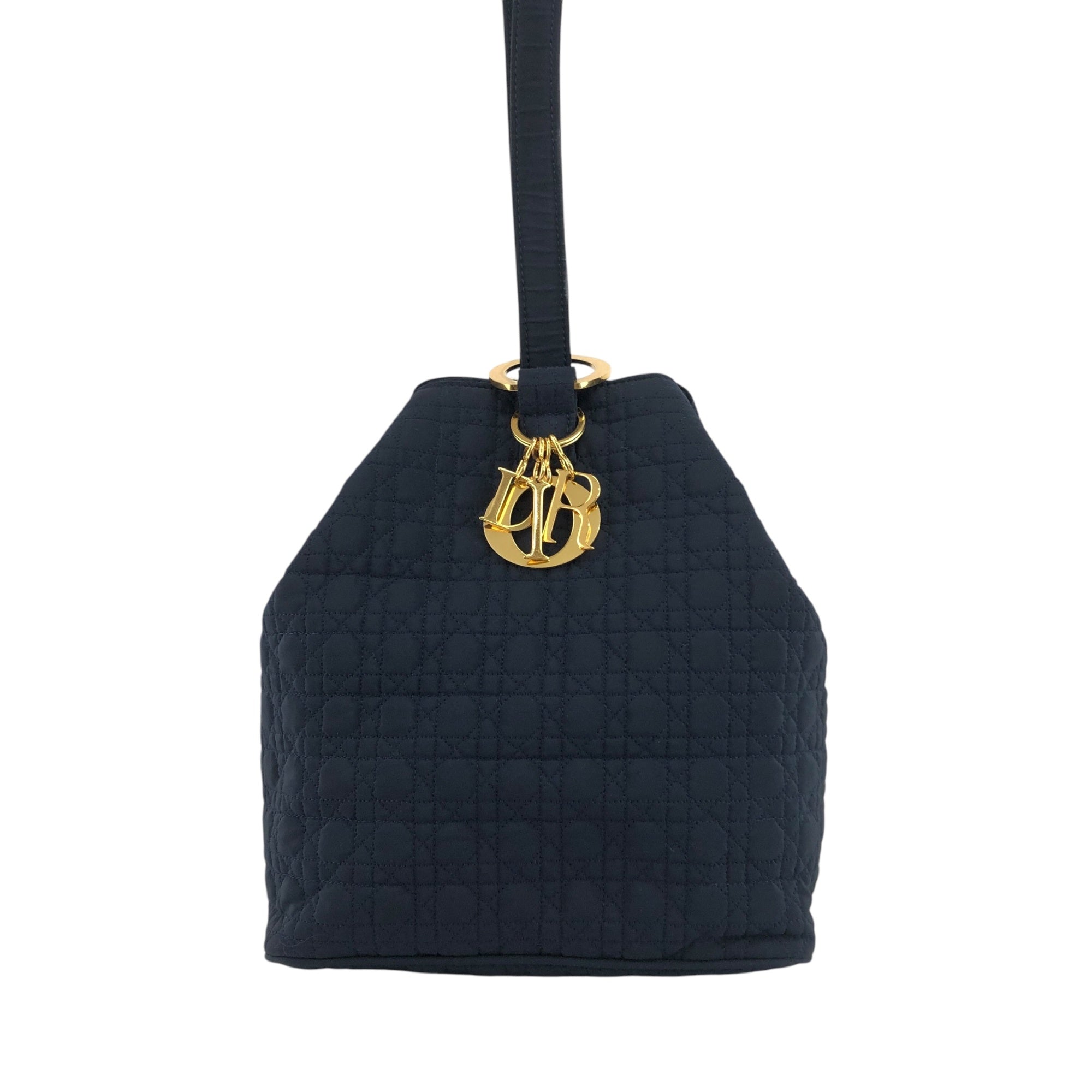 Christian D1OR Cannage Logo Charm Drawstring Shoulder bag Black Vintage i5e87z