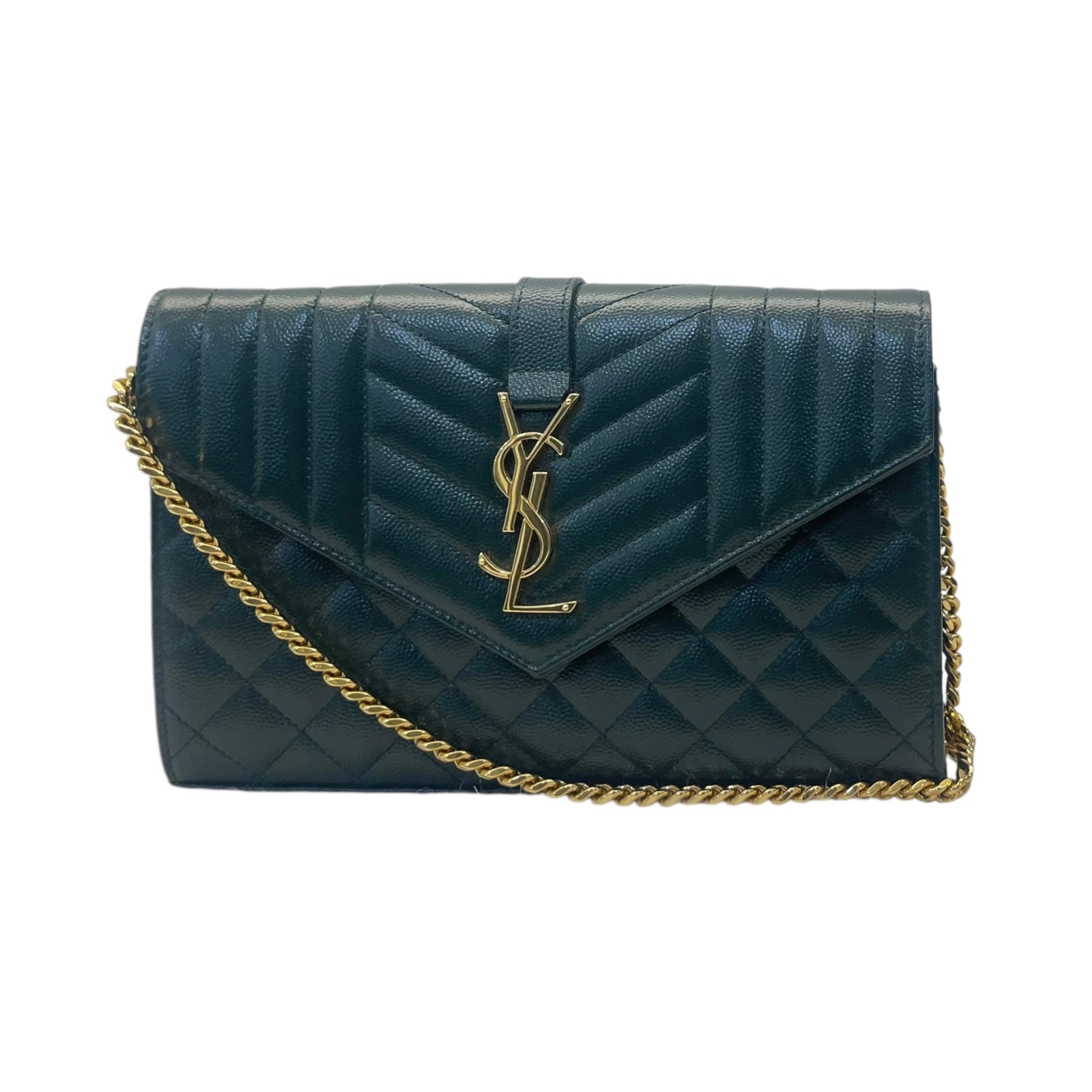 YSL Dark Green Chevron Quilted Leather Envelope Flap Bag