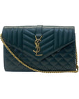 YSL Dark Green Chevron Quilted Leather Envelope Flap Bag