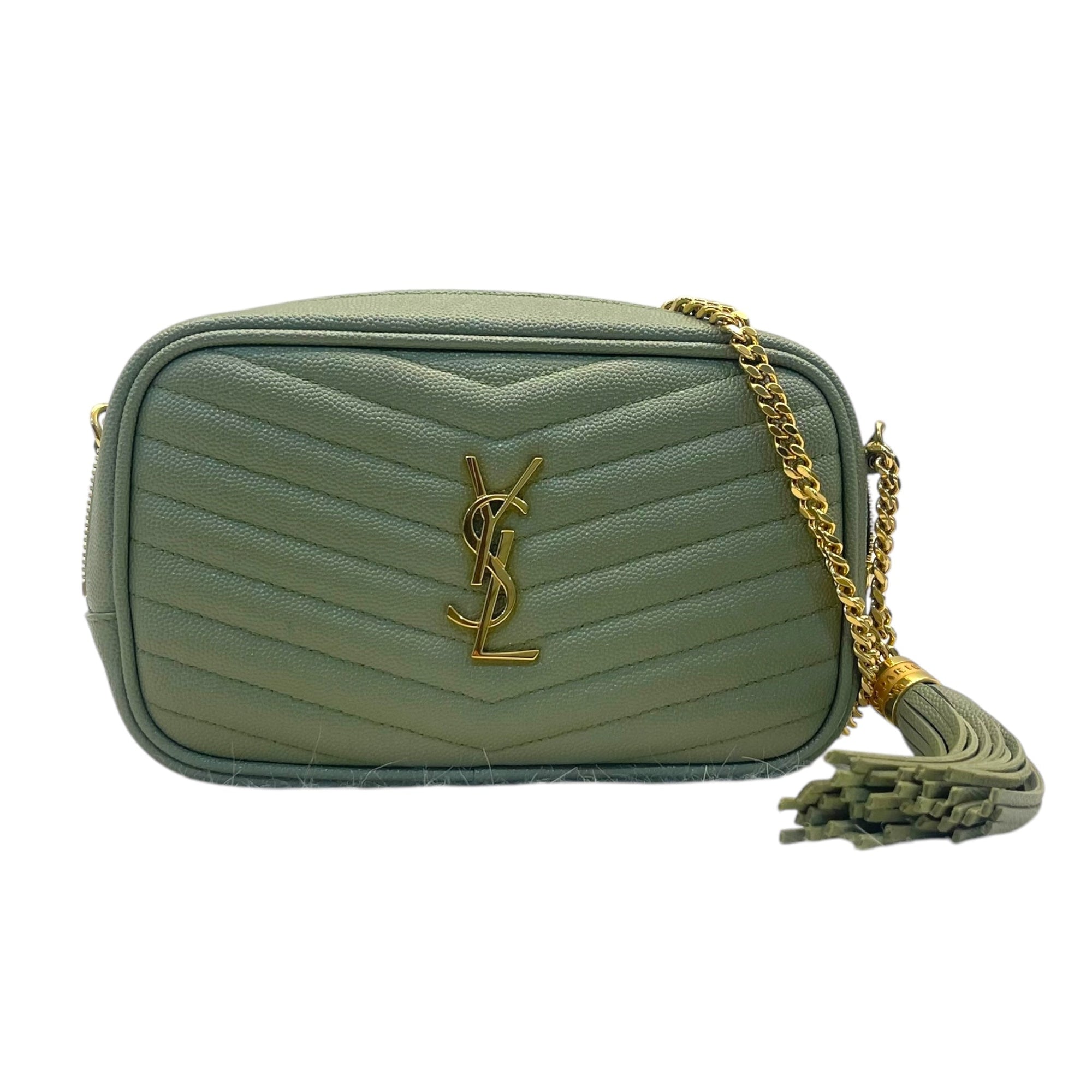 YSL Light Sage Chevron Black Leather Monogram Chain Shoulder Bag