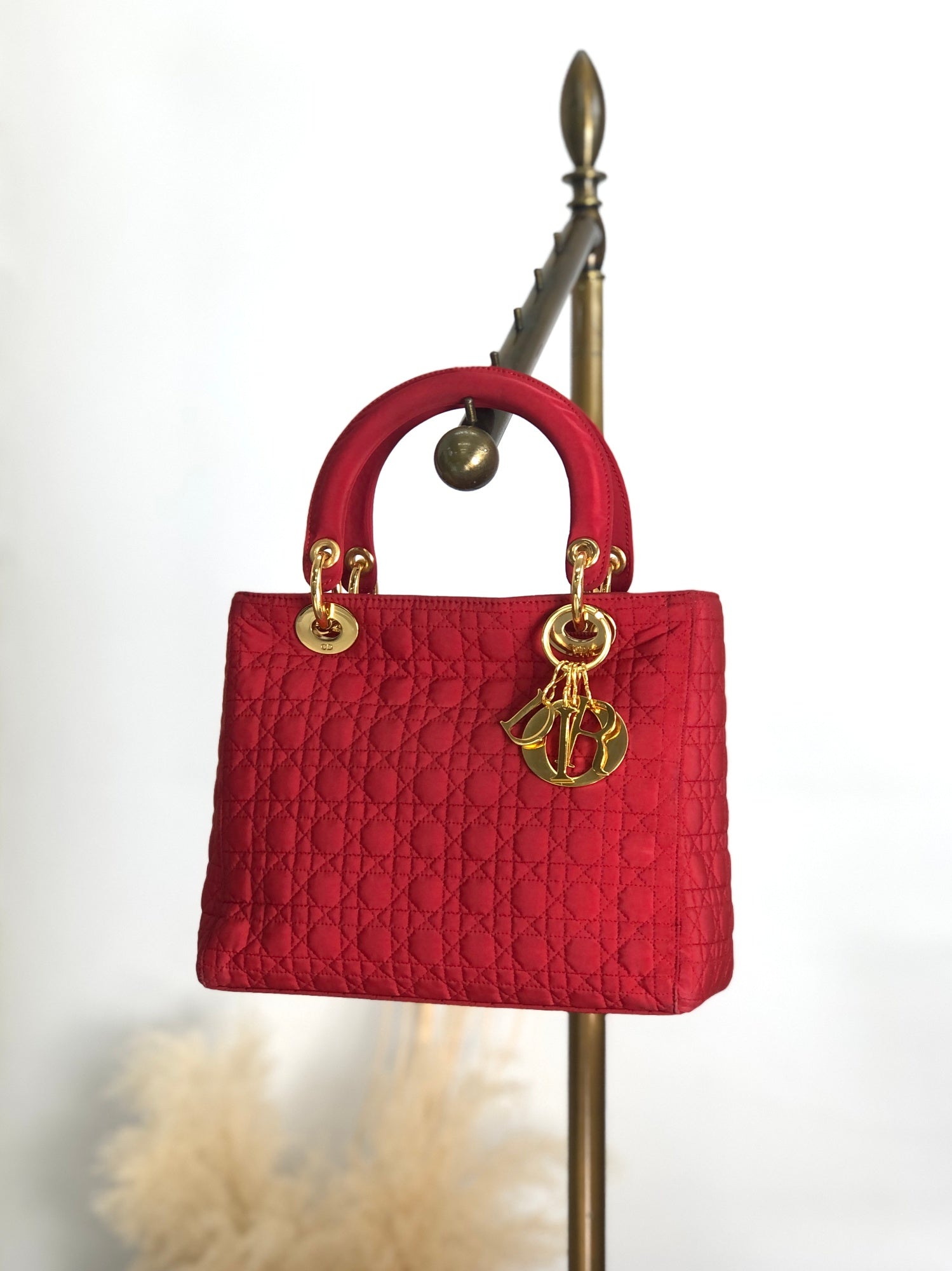 Christian D1OR Cannage Charm Handbag Red Vintage cstet8