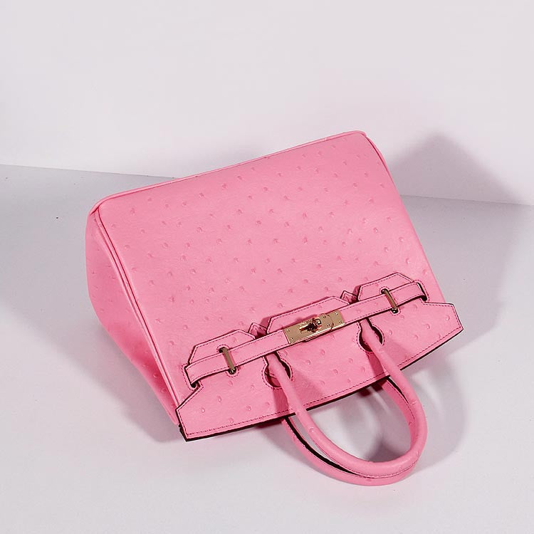 HMS Birkin 30cm Ostrich Leather With Strap Pink Gold