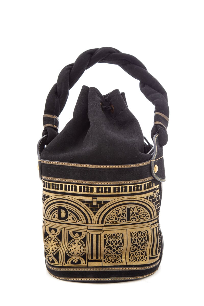 FNDI Black &amp; Gold Baroque Suede Palazzo Bucket Bag