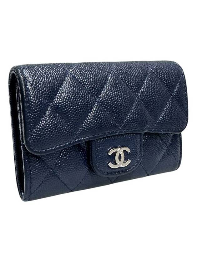A80799 Navy caviar skin silver snap card holder business wallet CH