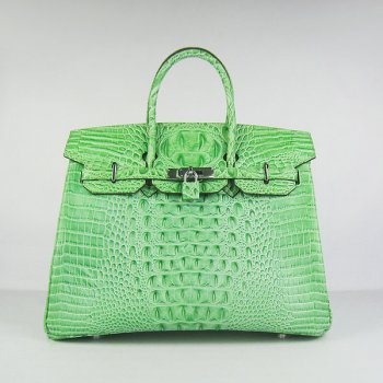 HMS Birkin 35cm Crocodile Head Veins Handbags Green Silver