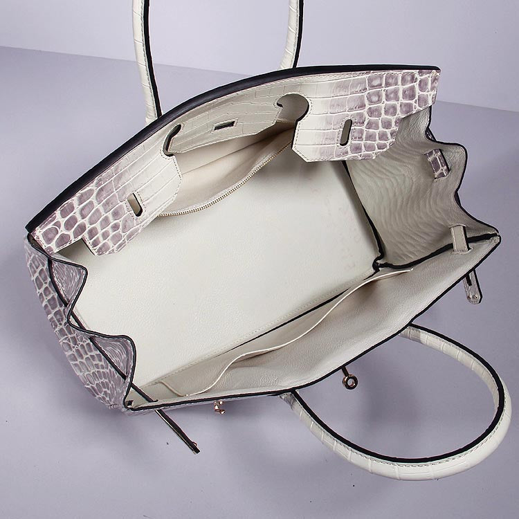 HMS Birkin 35cm Crocodile Leather Handbag Grey White Gold
