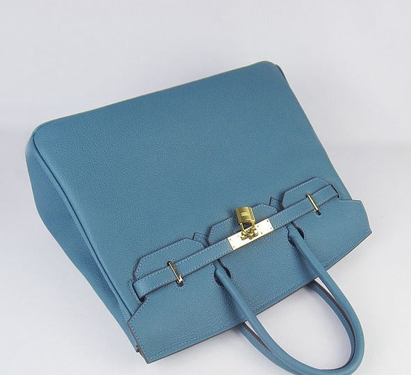 HMS Birkin 35cm Cattle Skin Vein Handbags Blue Golden