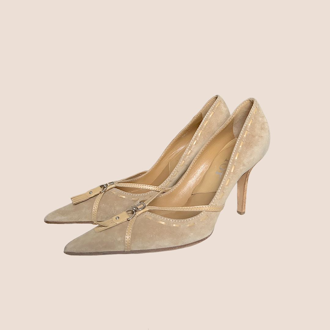 CHRISTIAN D1OR BEIGE SUEDE TASSEL PUMPS