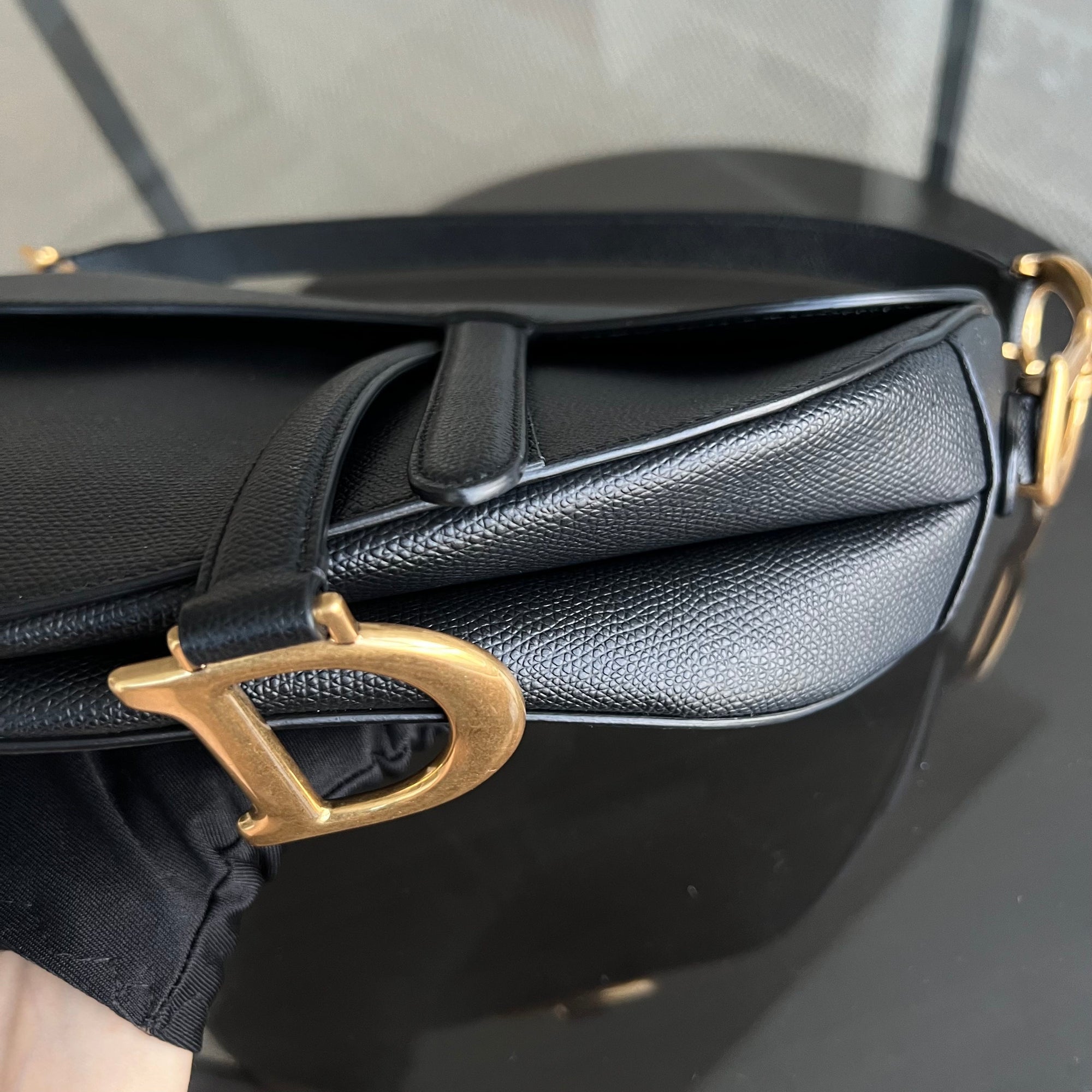 *New Version with Strap* D1OR Saddle Medium Grained Calfskin Black Golden Hardware