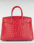 HMS Birkin 30cm Crocodile Head Vein Handbags Red Silver