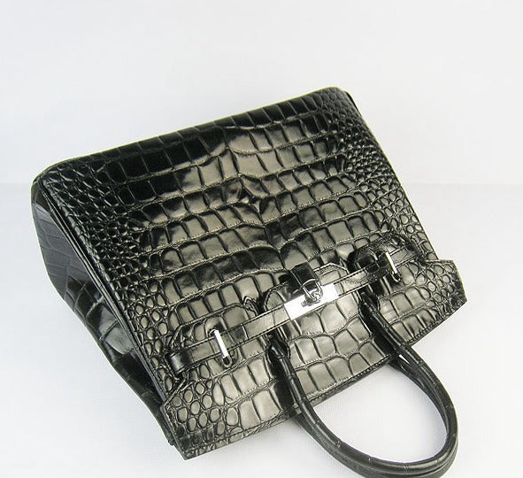 HMS Birkin 35cm Crocodile Big Veins Handbags Black Silver
