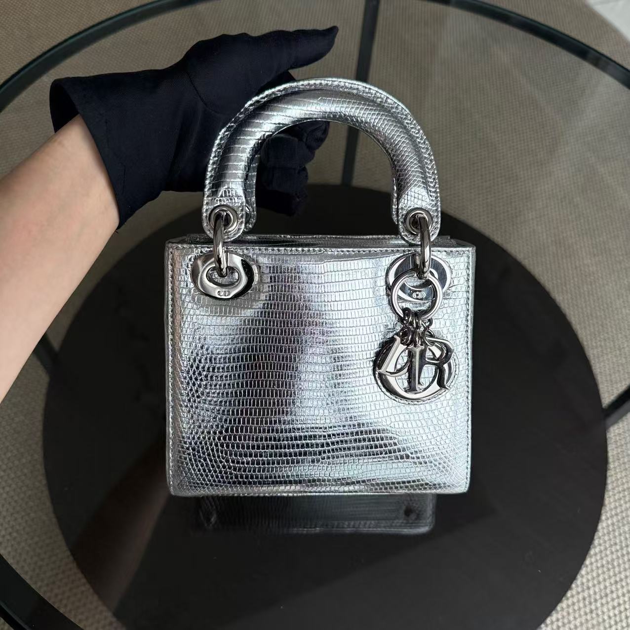 *Rare* D1OR Lady Mini - Lizard Silver Metallic Limited Edition Chain Strap Silver Hardware