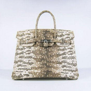 HMS Birkin 30cm Lizard Pattern Handbag 6088 Beige/Silver