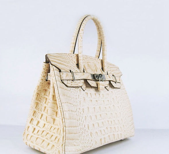 HMS Birkin 30cm Crocodile Head Vein Handbags Beige Silver