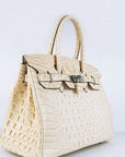 HMS Birkin 30cm Crocodile Head Vein Handbags Beige Silver