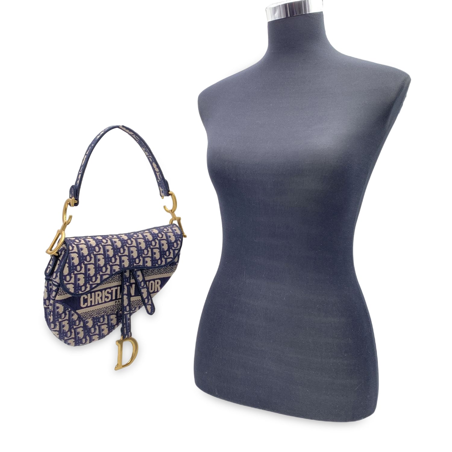 CHRISTIAN D1OR Blue Jacquard Oblique Canvas Embroidery Saddle Bag
