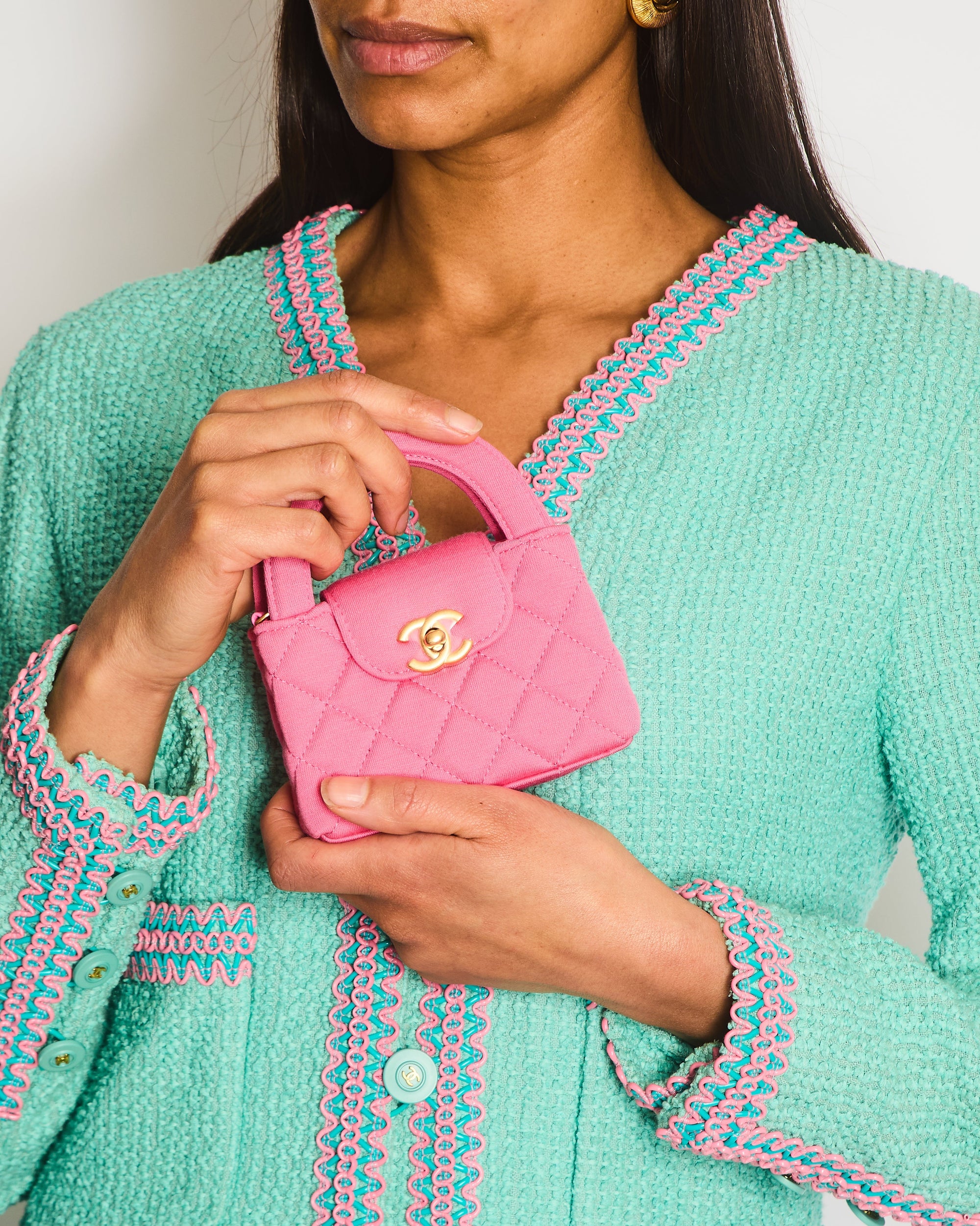 *RARE* CH Pink Nano Mini Kelly Bag in Pink Quilted Jersey with Brushed Antique Gold Hardware