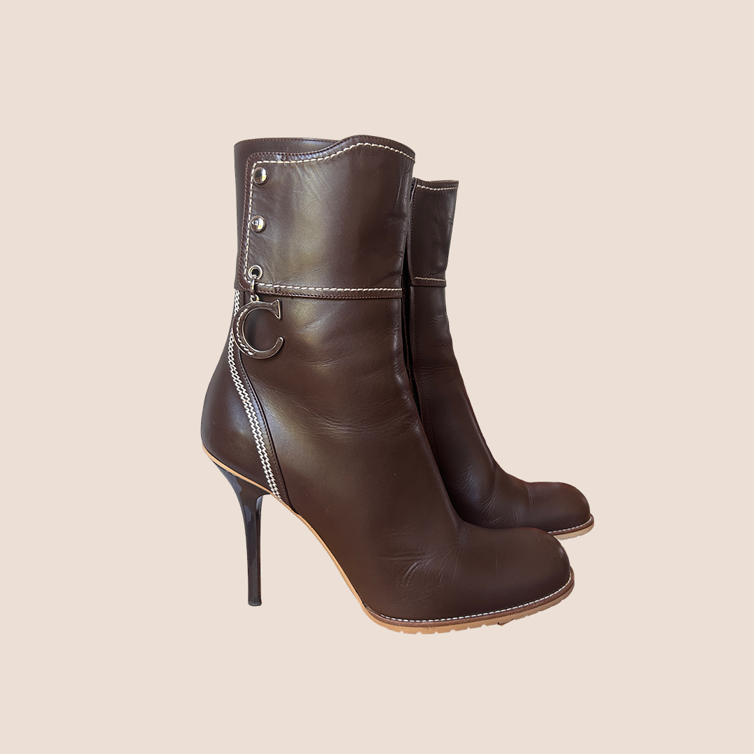 CHRISTIAN D1OR BROWN LEATHER ANKLE BOOTS