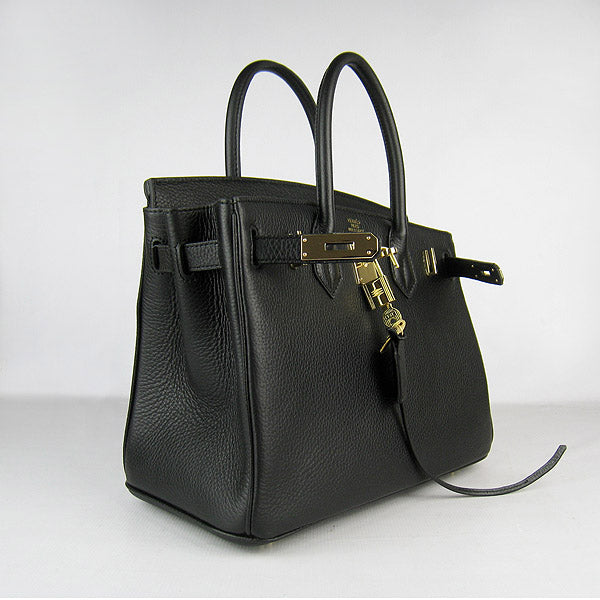 HMS Birkin 30cm Togo Leather Handbags Black Golden