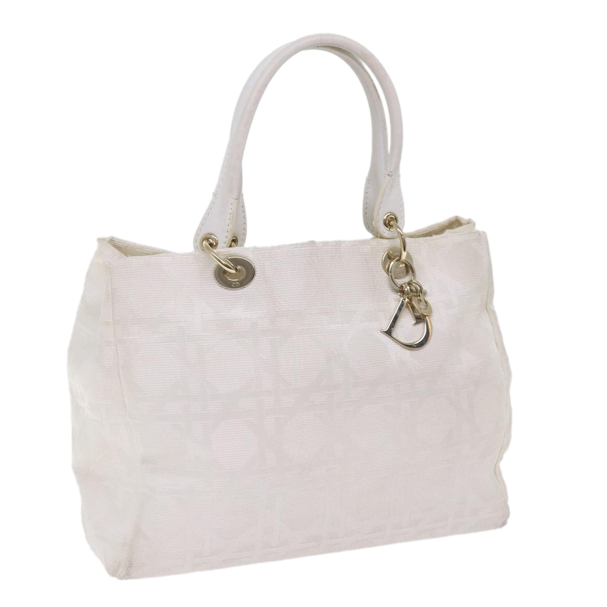 CHRISTIAN D1OR Canage Hand Bag Canvas White Auth bs10953
