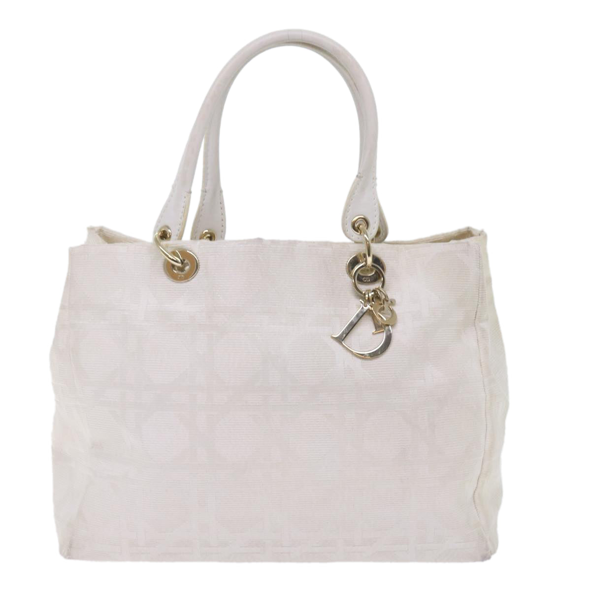 CHRISTIAN D1OR Canage Hand Bag Canvas White Auth bs10953